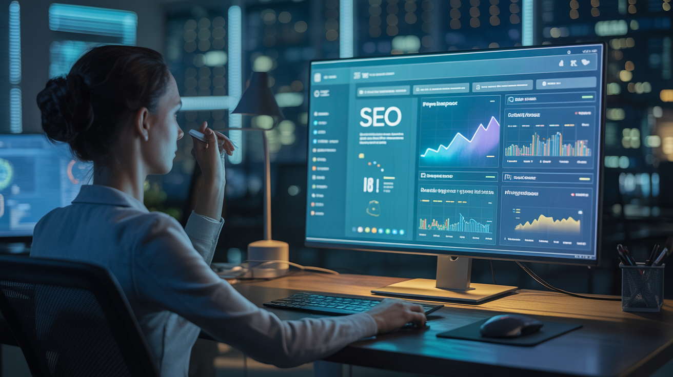 2021 SEO trends analytics with AI, predictive search, and featured snippets on laptop screen