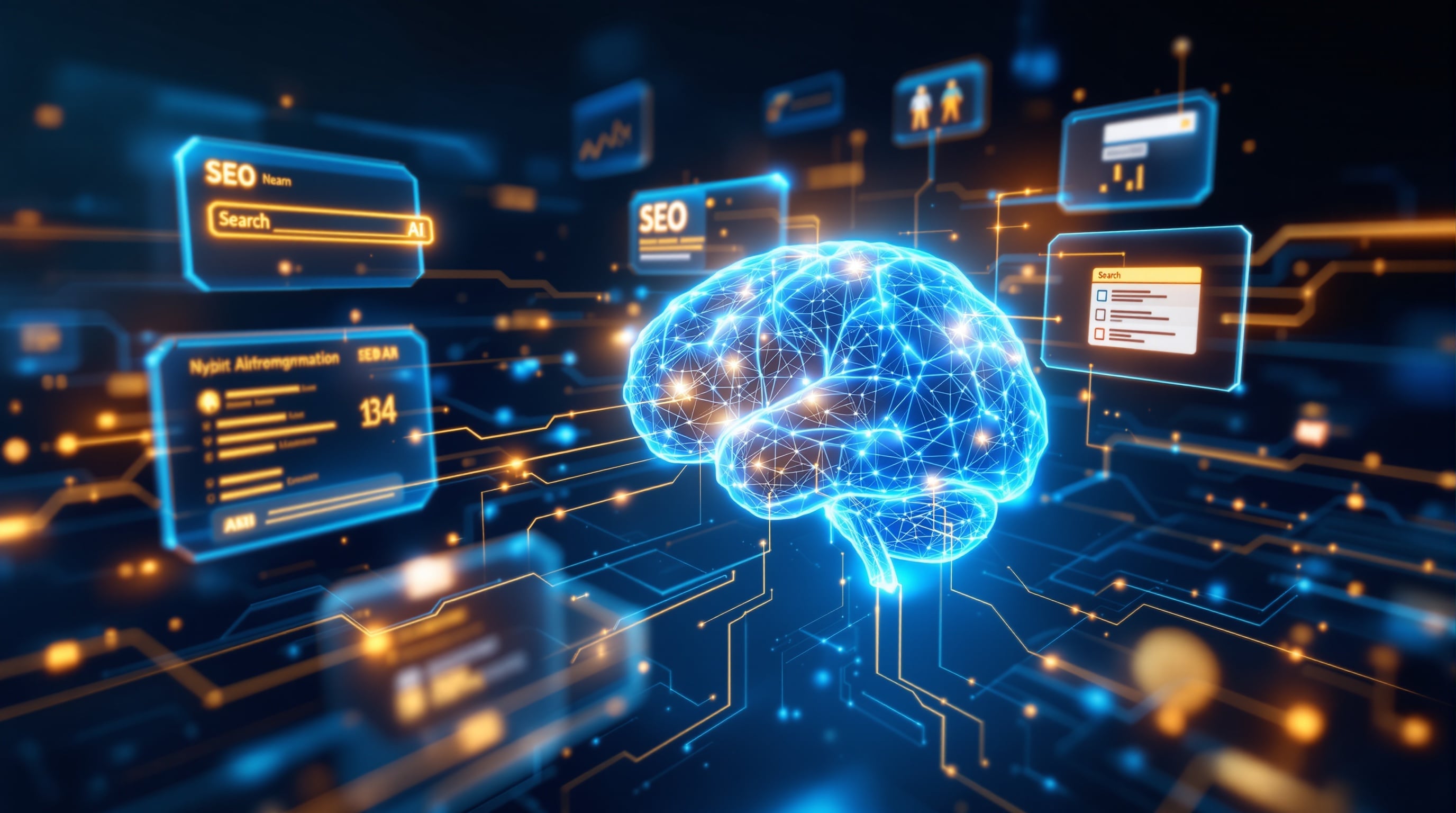 AI neural network connected to search engine elements showing how artificial intelligence impacts SEO