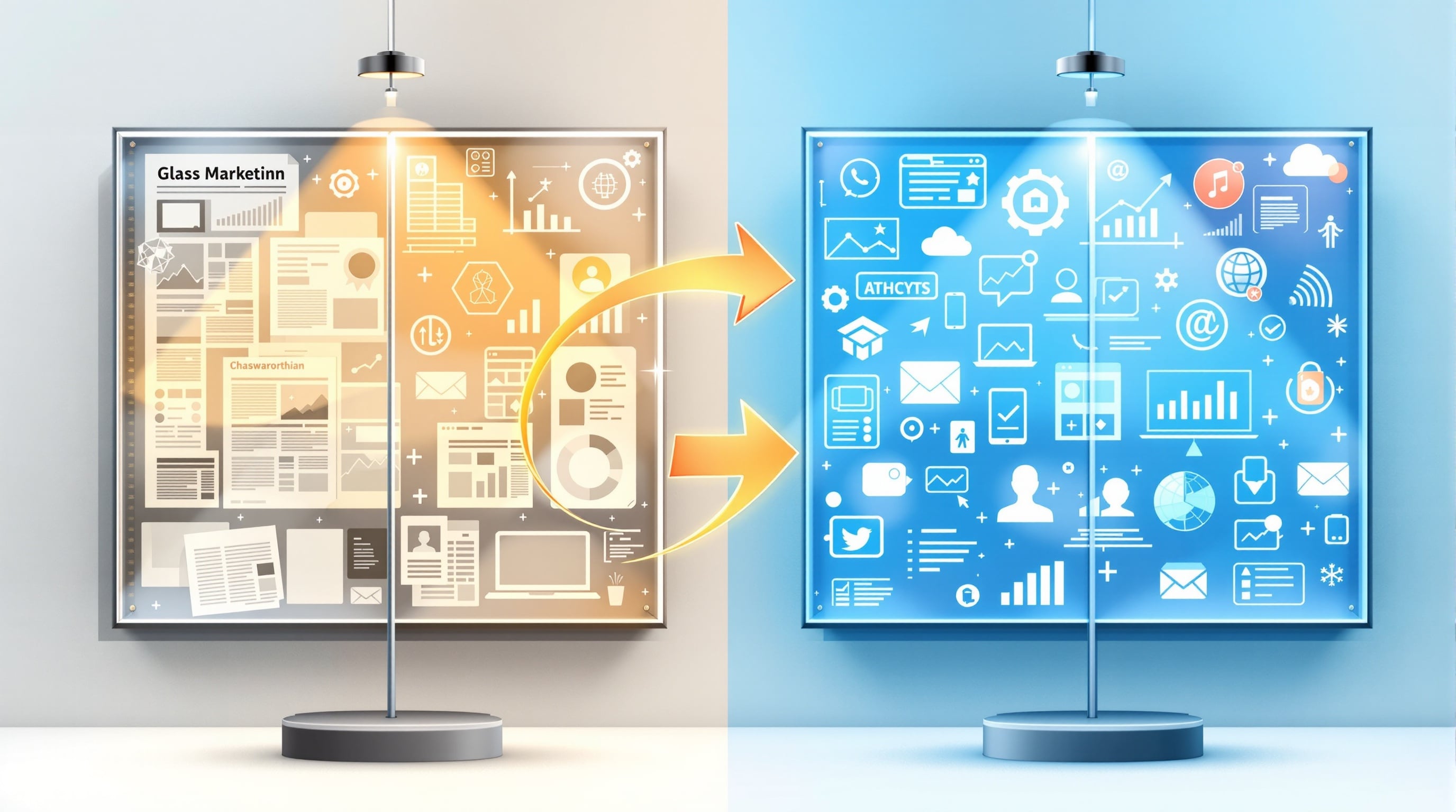 Marketing team updating strategy with charts, trend arrows, and campaign planning documents
