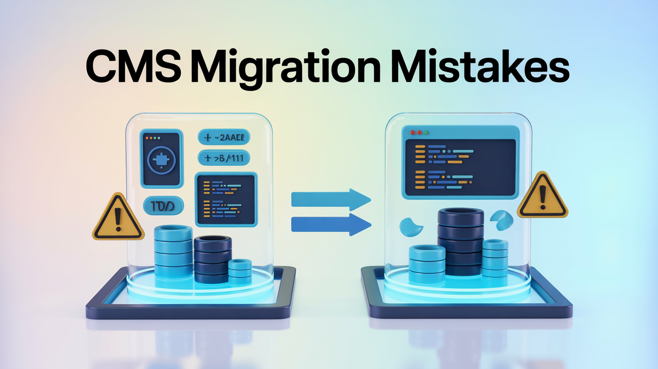 CMS migration visualization with servers, databases, and warning indicators for common mistakes