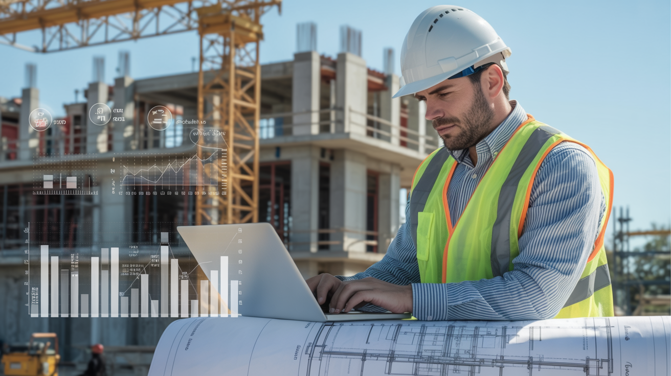 Construction industry SEO strategy with building plans, digital marketing, and search rankings