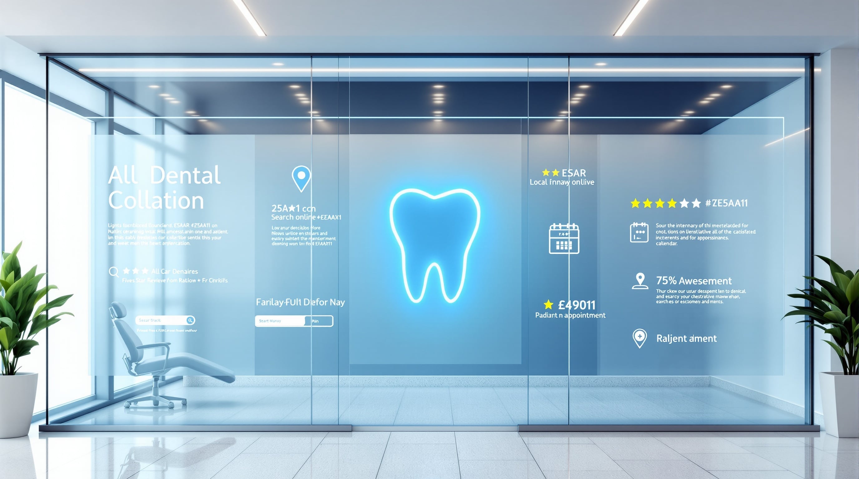 Dental practice marketing concept with dental tools, laptop showing search results, and patient engagement graphics