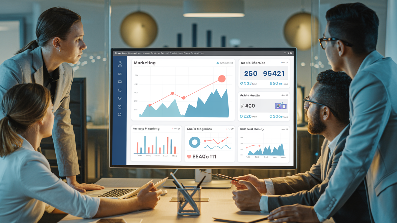 Digital marketing team reviewing 2021 performance analytics dashboards in modern office
