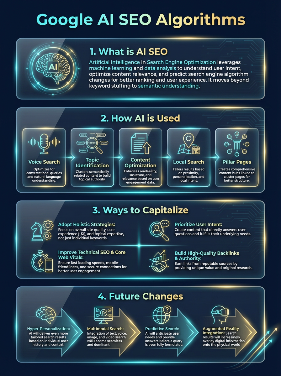 Infographic: Google AI SEO Algorithms — what is AI SEO, how AI is used for voice search, topic identification, content optimization, local search, and pillar pages