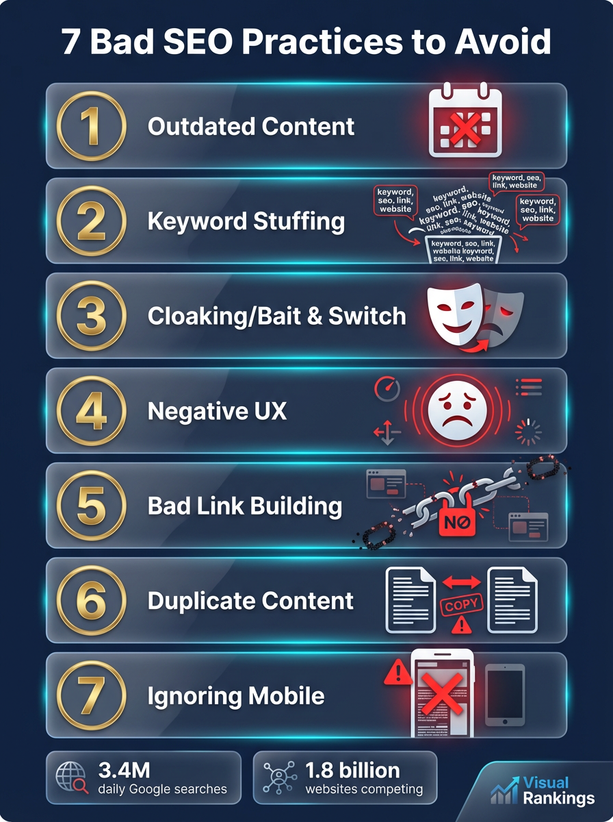 Infographic: 7 Bad SEO Practices to Avoid — outdated content, keyword stuffing, cloaking, negative UX, bad link building, duplicate content, and ignoring mobile