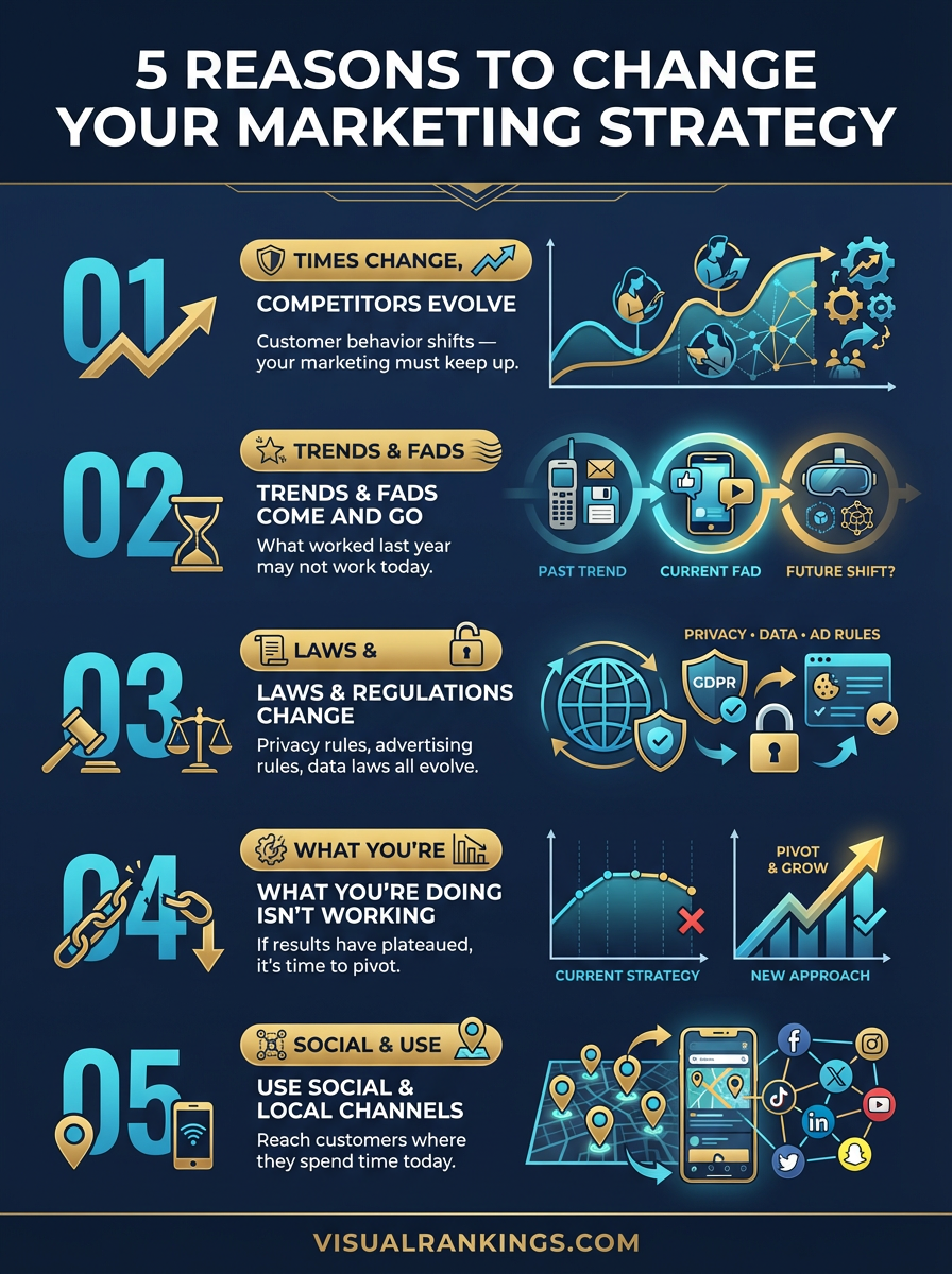 Infographic listing the top 5 reasons to change your marketing strategies: competitor changes, trends, regulations, poor results, and local and social media outreach