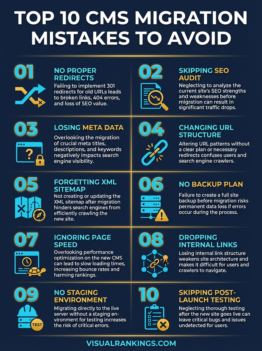 Infographic listing top 10 CMS migration mistakes to avoid: no redirects, skipping SEO audit, losing meta data, URL changes, missing sitemap, no backup, page speed, internal links, no staging, skipped testing