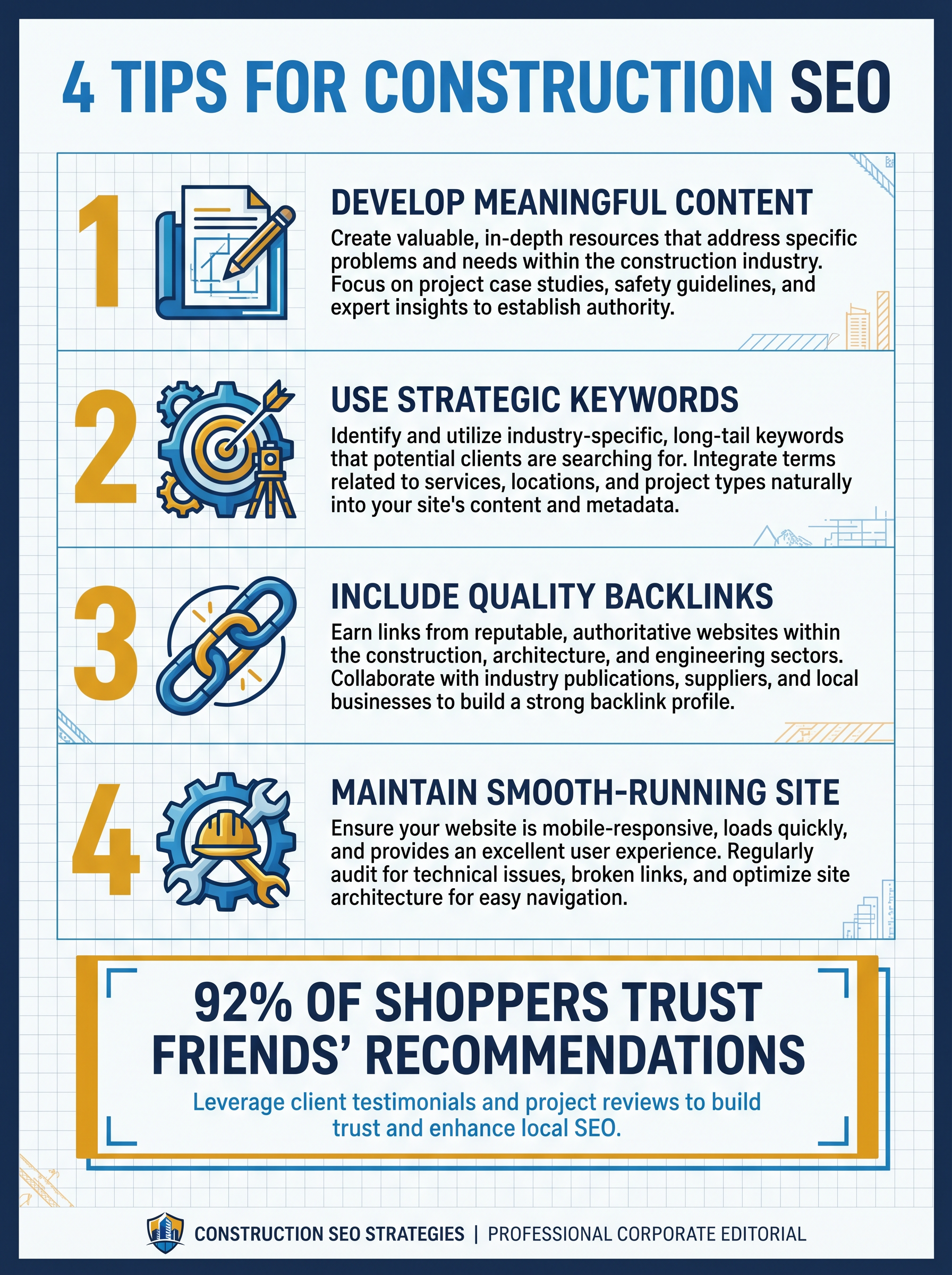 Infographic showing 4 SEO tips for the construction industry: meaningful content, strategic keywords, quality backlinks, and a smooth-running site