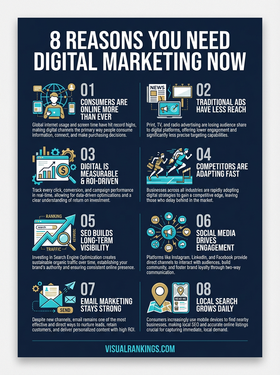 Infographic listing 8 reasons you need digital marketing during COVID-19: consumers online, competitors pause, measurable ROI, 24/7 marketing, legitimacy, cost-effective, multi-channel, quality traffic