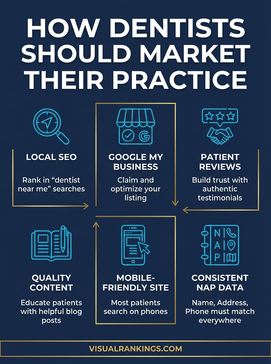 Infographic showing how dentists should market their business with local SEO, Facebook ads, mobile call-only ads, and page ranking boosts