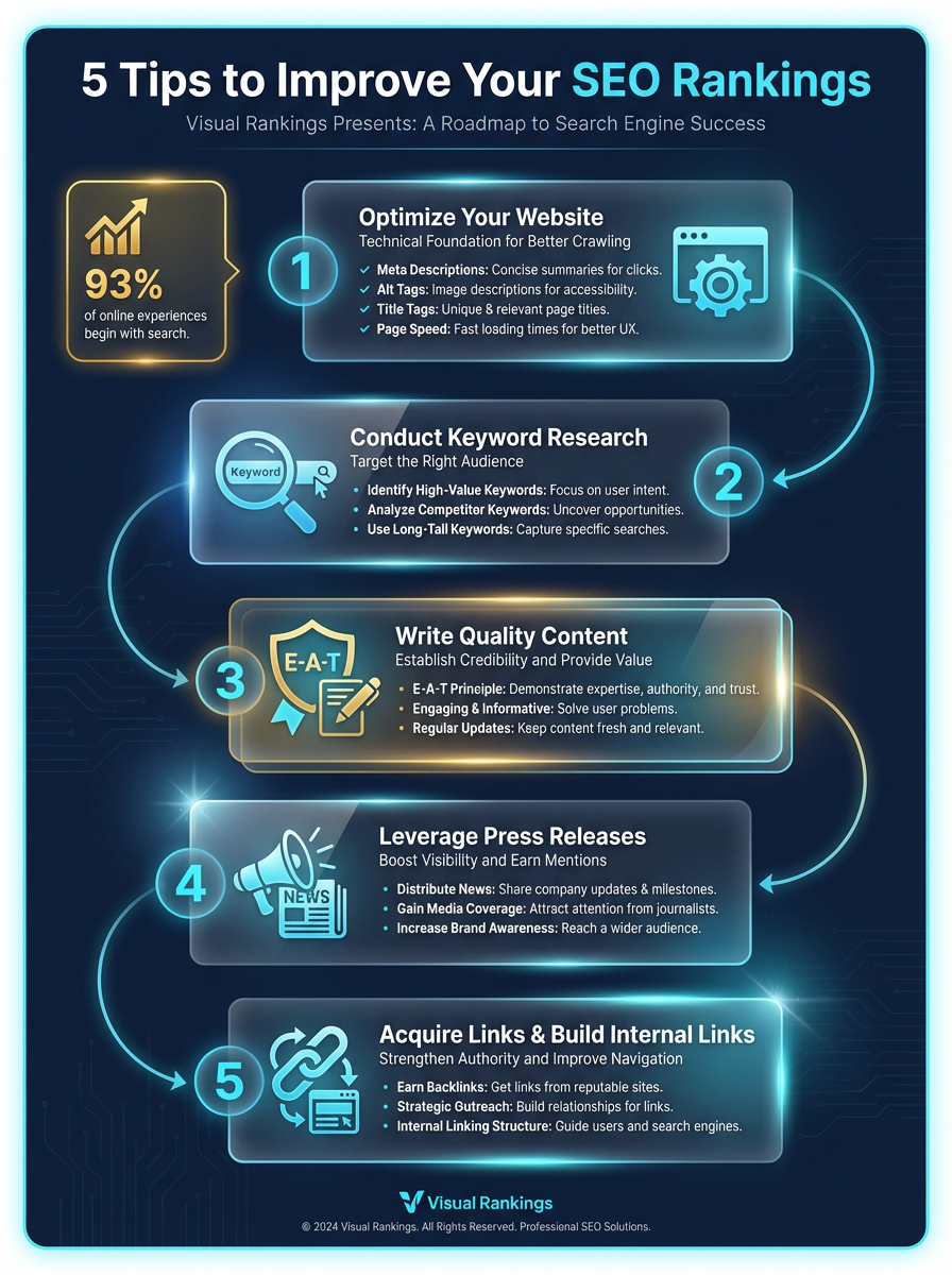 Infographic: 5 Tips to Improve Your SEO Rankings — optimize your website, conduct keyword research, write quality content, leverage press releases, and acquire links
