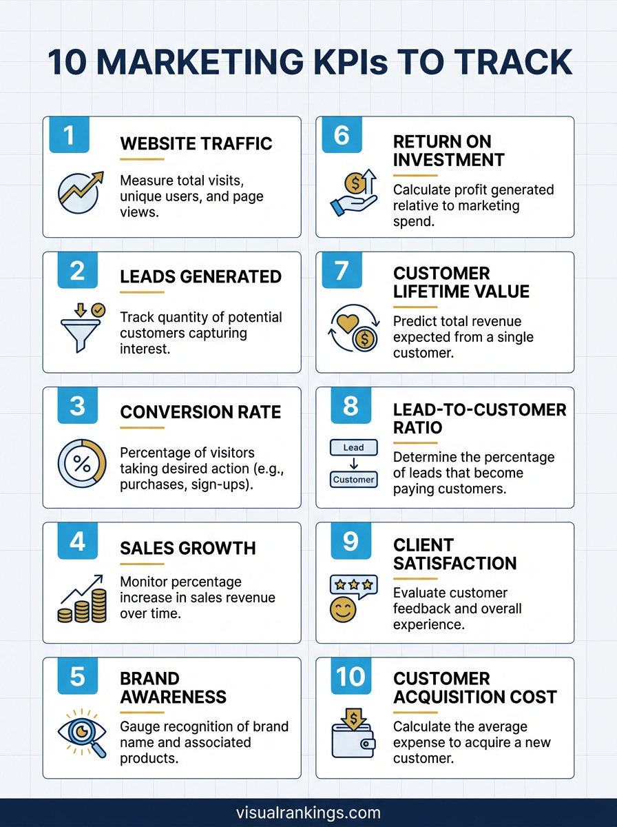 Infographic: 10 Common Marketing KPIs — website traffic, leads, conversion rate, sales growth, brand awareness, ROI, and more