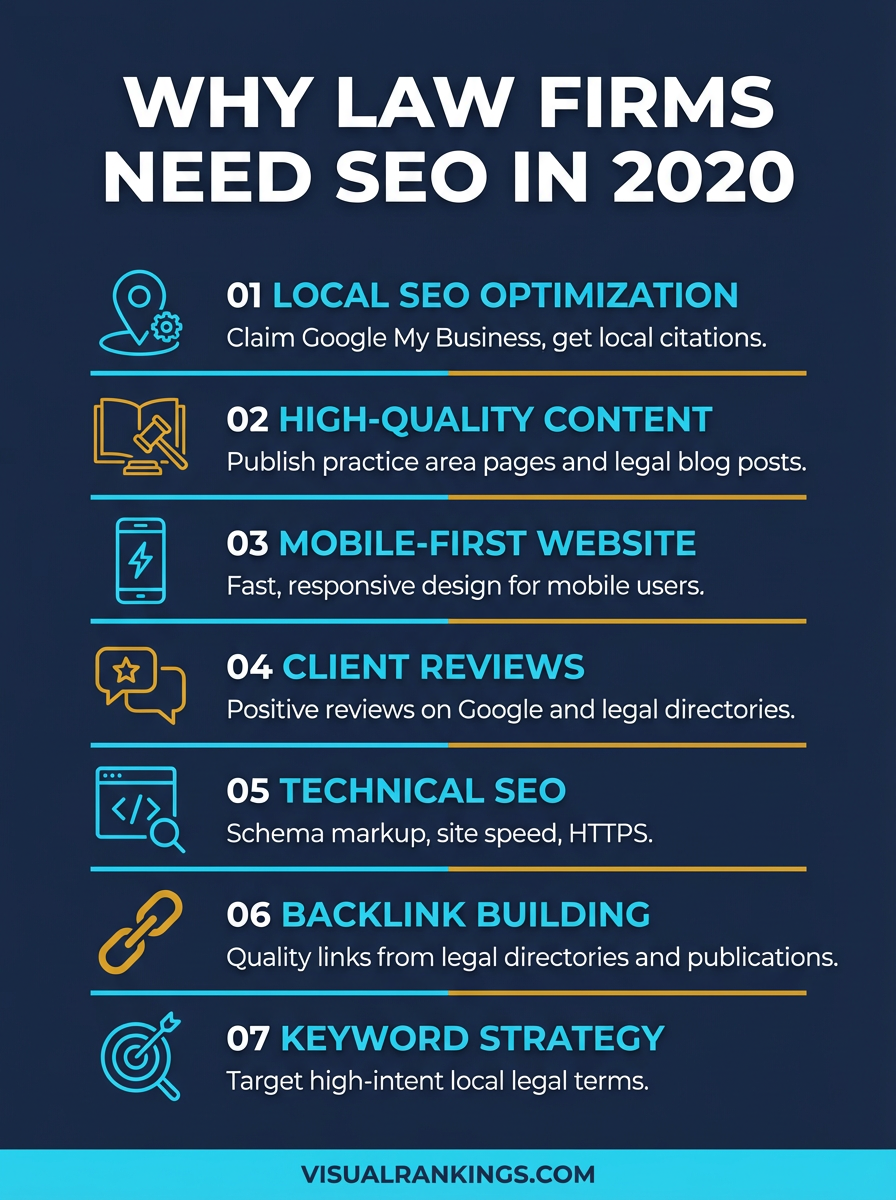 Infographic detailing 7 law firm SEO best practices for 2020: local SEO, quality content, mobile-first, reviews, technical SEO, backlinks, and keyword strategy
