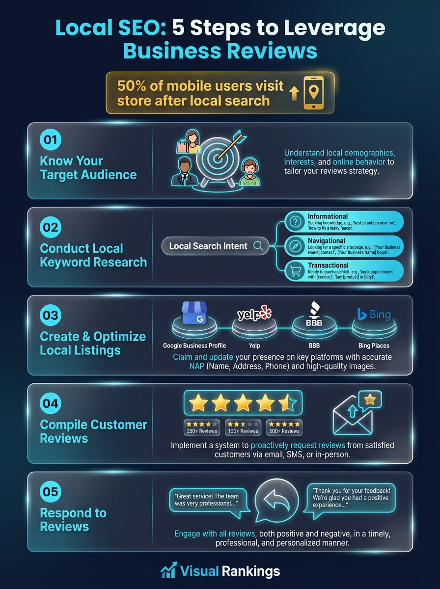 Infographic: Local SEO — 5 Steps to Leverage Business Reviews showing target audience, keyword research, local listings, compiling reviews, and responding to reviews