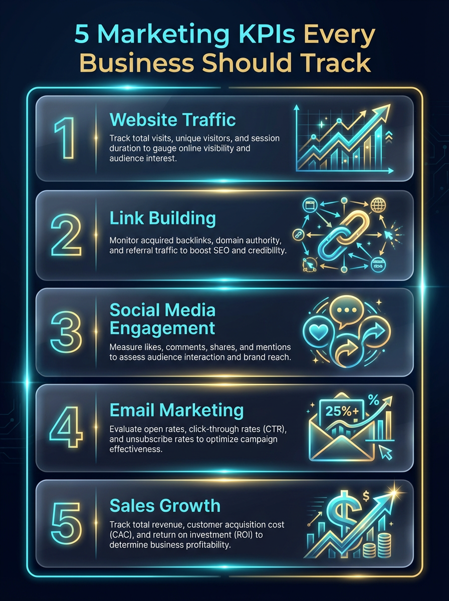 Infographic: 5 Marketing KPIs Every Business Should Track — website traffic, link building, social media engagement, email marketing effectiveness, and sales growth