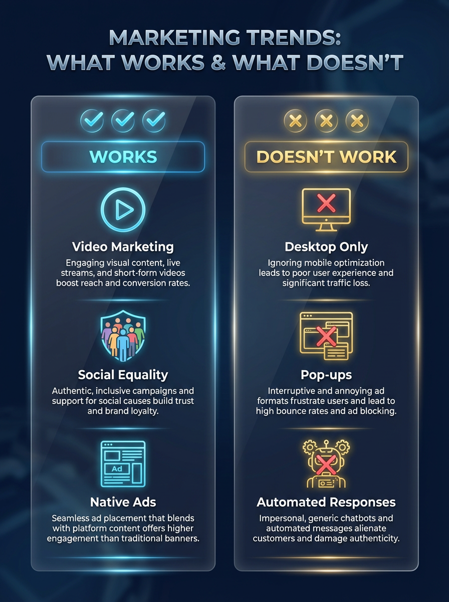 Infographic: Marketing Trends — What Works (Video Marketing, Social Equality, Native Ads) vs What Doesn't (Desktop Only, Pop-ups, Automated Responses)