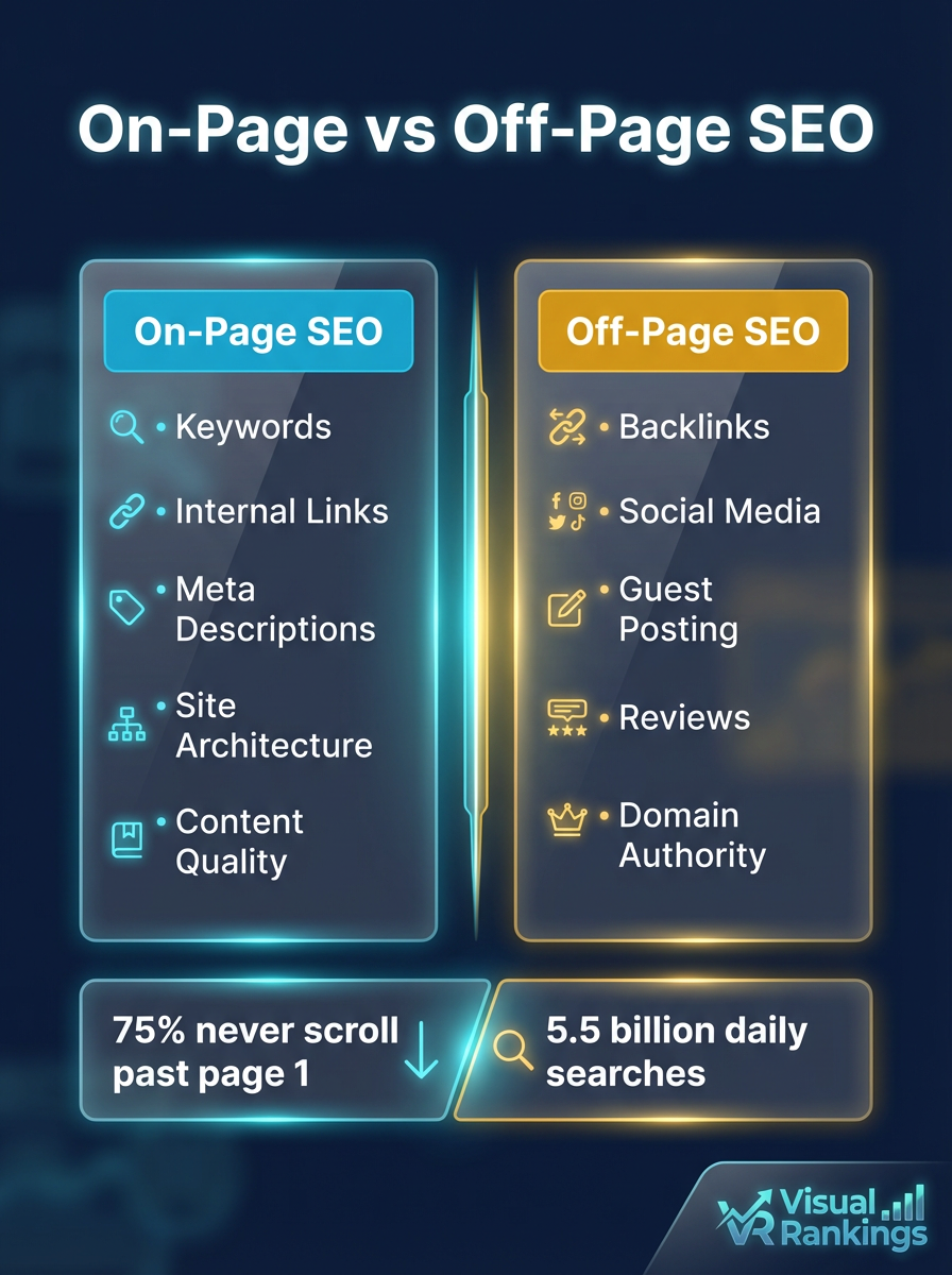 Infographic: On-Page vs Off-Page SEO comparison showing keywords, internal links, meta descriptions on one side and backlinks, social media, guest posting on the other