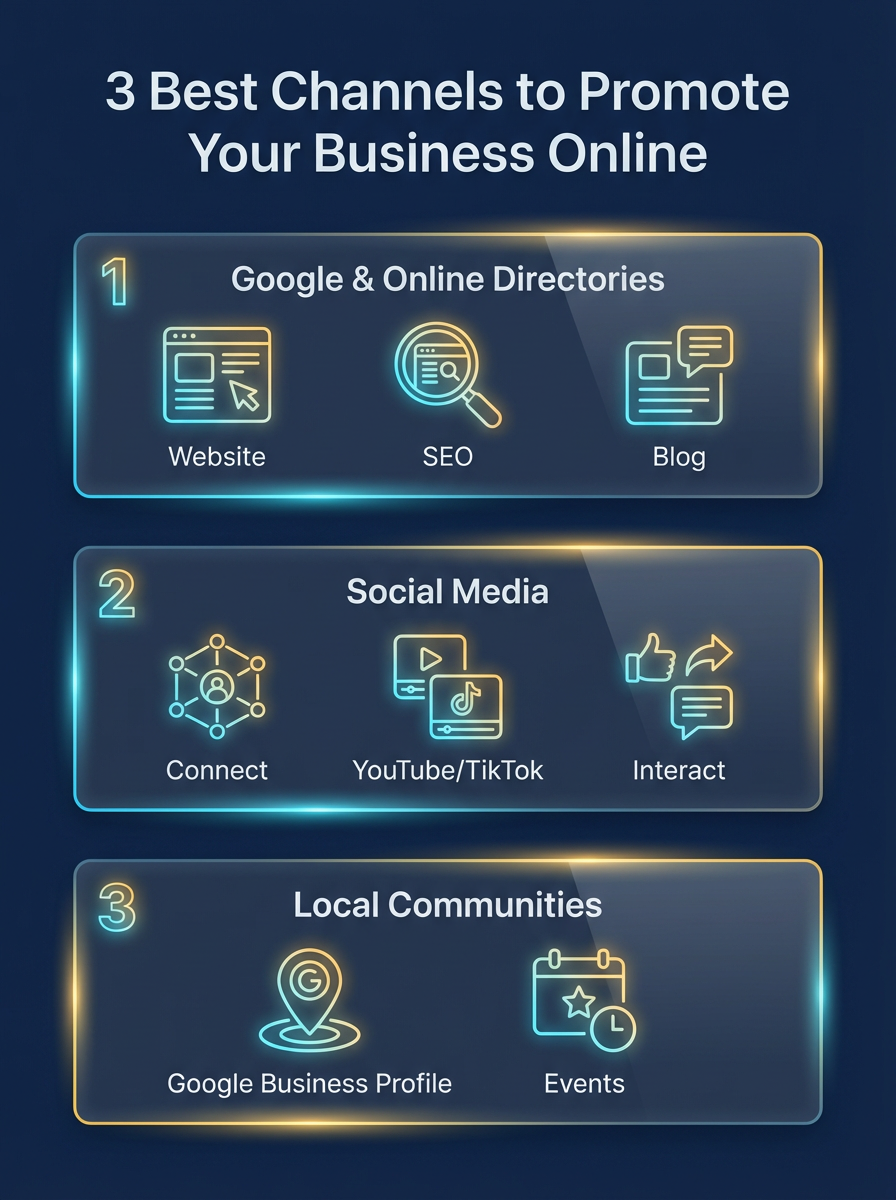 Infographic: 3 Best Channels to Promote Your Business Online — Google & Online Directories, Social Media, and Local Communities