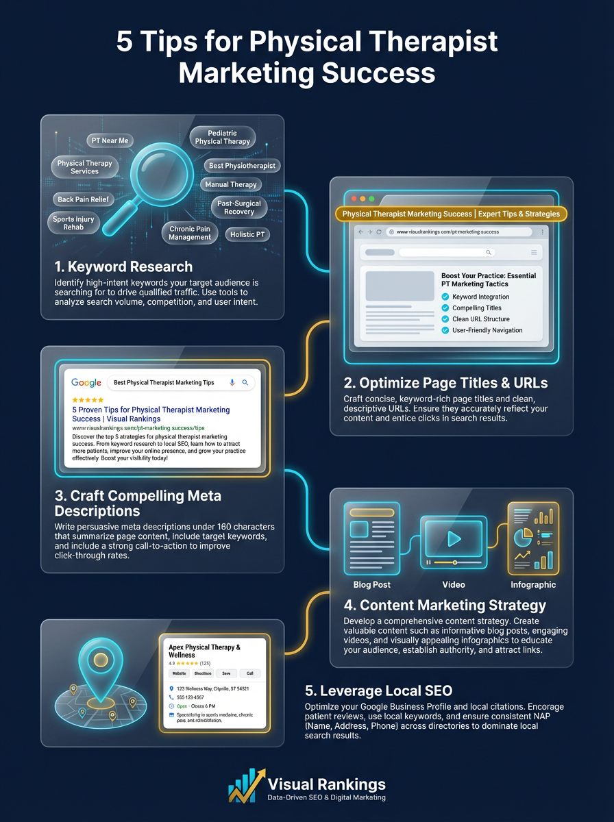 Infographic: 5 Tips for Physical Therapist Marketing Success — keyword research, page title optimization, meta descriptions, content marketing strategy, and local SEO