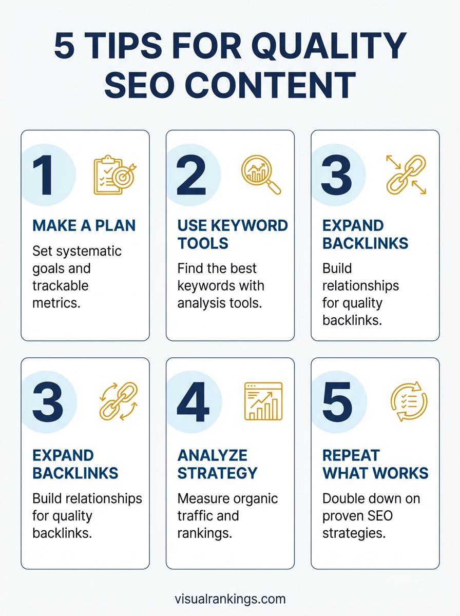 Infographic: 5 Tips for Creating Quality SEO Content — make a plan, use keyword tools, expand backlinks, analyze strategy, repeat what works