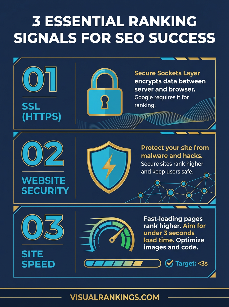 Infographic showing 3 essential SEO ranking signals: SSL certificates, website security, and site speed with Google ranking factor statistics