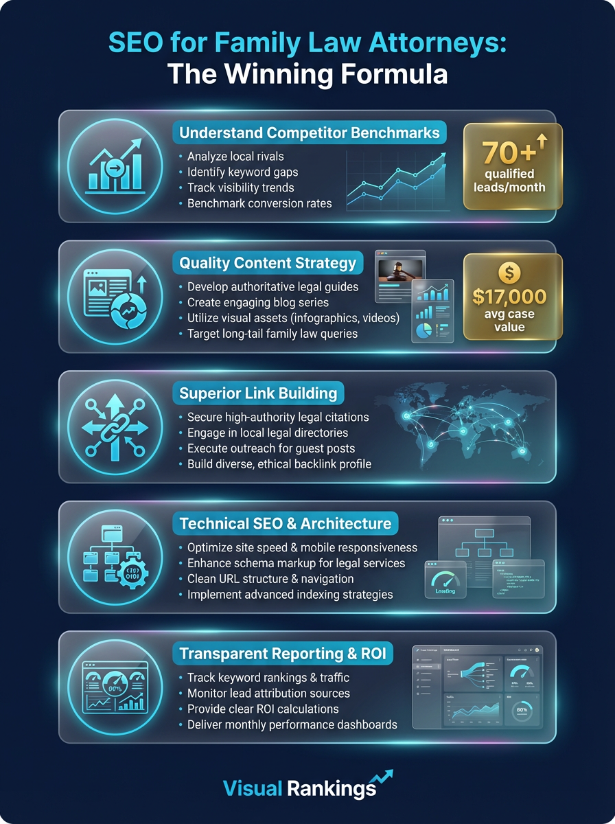 Infographic: SEO for Family Law Attorneys — The Winning Formula showing competitor benchmarks, content strategy, link building, technical SEO, and transparent reporting