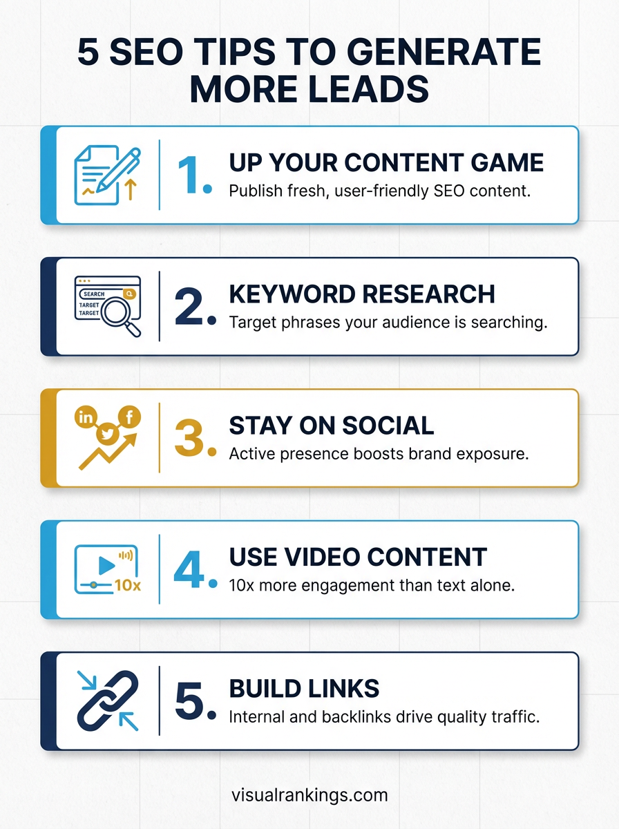 Infographic: 5 SEO Tips for More Leads — content, keyword research, social media, video, and link building
