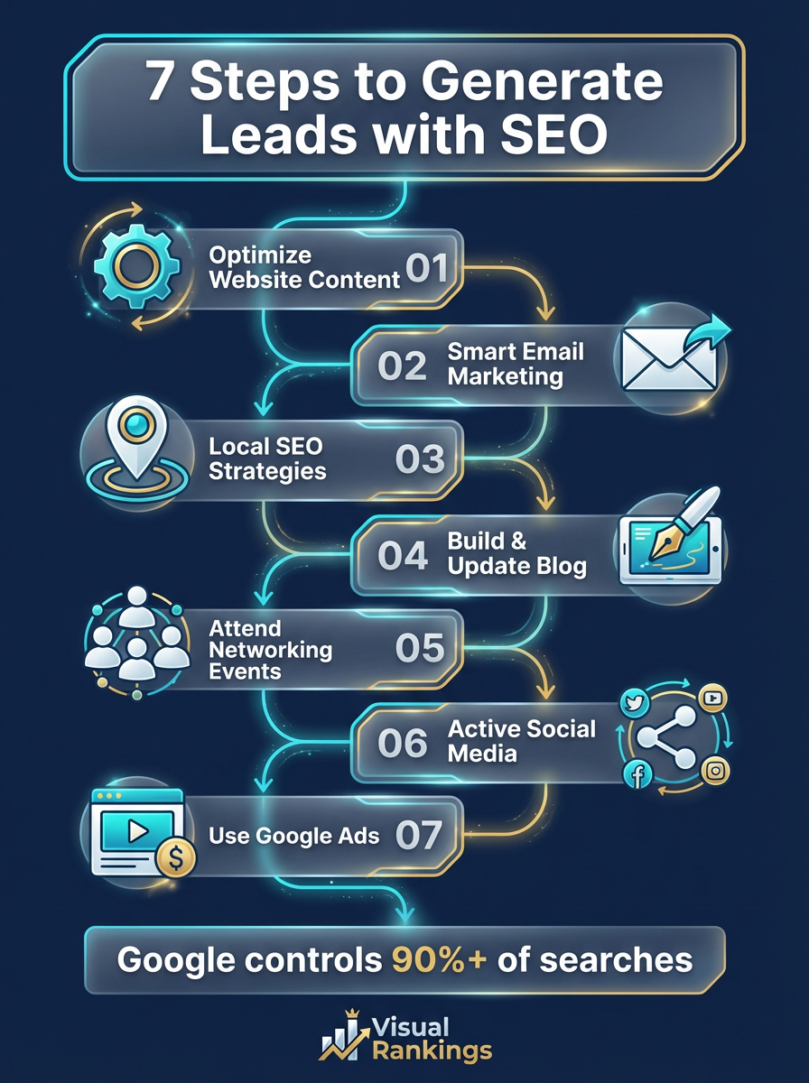 Infographic: SEO for Lead Generation — 7 steps including website optimization, email marketing, local SEO, blogging, networking, social media, and Google Ads