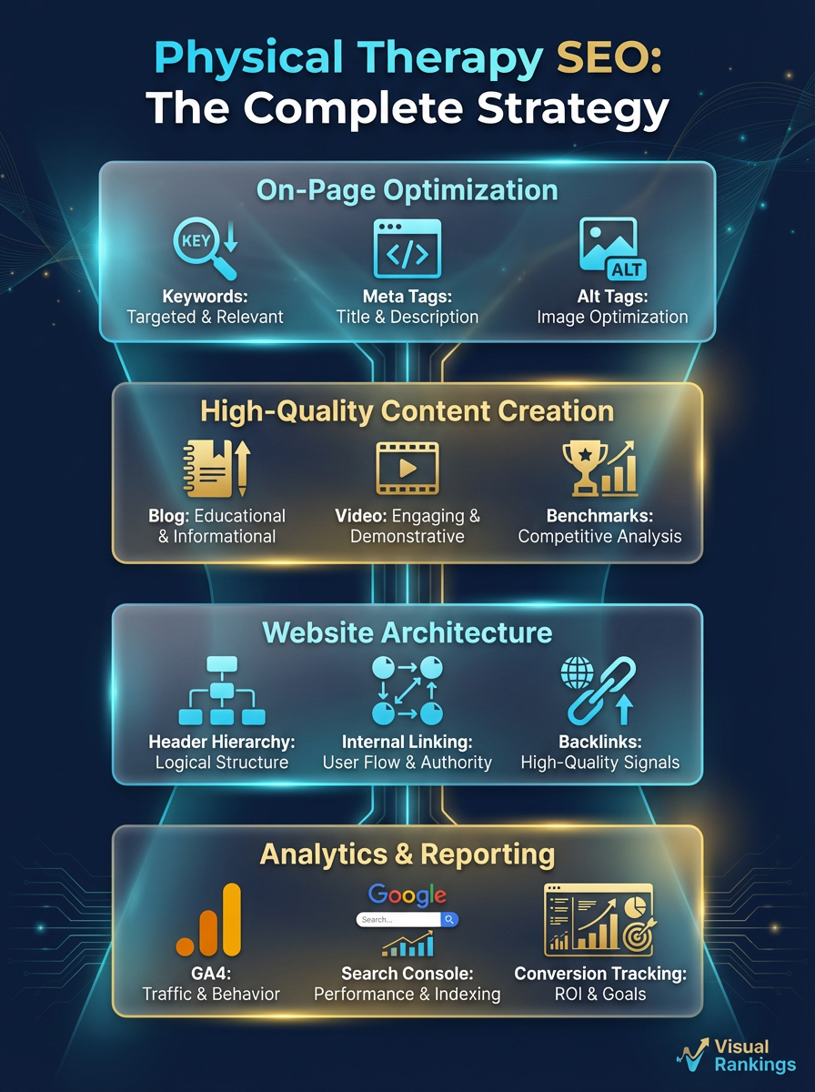 Infographic: Physical Therapy SEO — The Complete Strategy showing on-page optimization, content creation, website architecture, and analytics reporting layers