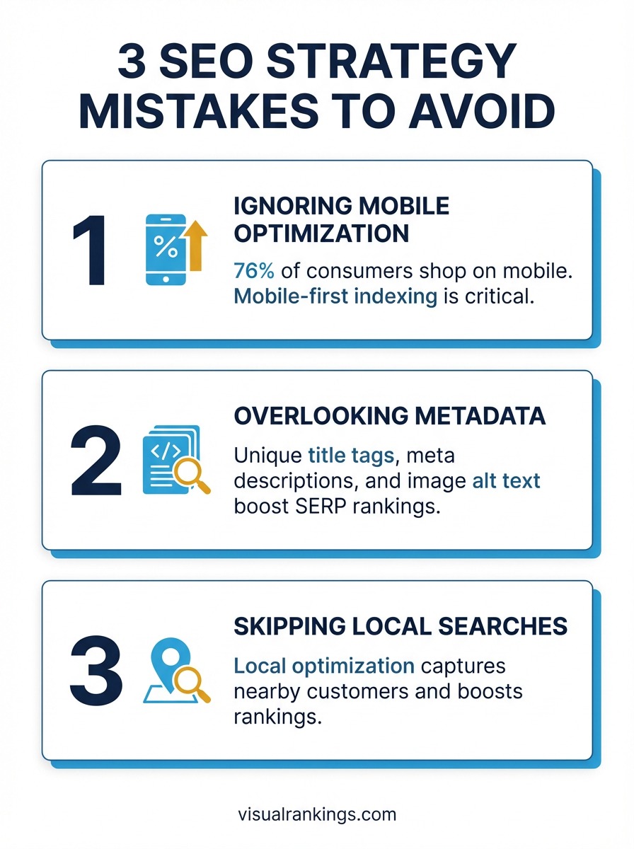 Infographic: 3 SEO Strategy Mistakes to Avoid — ignoring mobile optimization, overlooking metadata, and skipping local searches