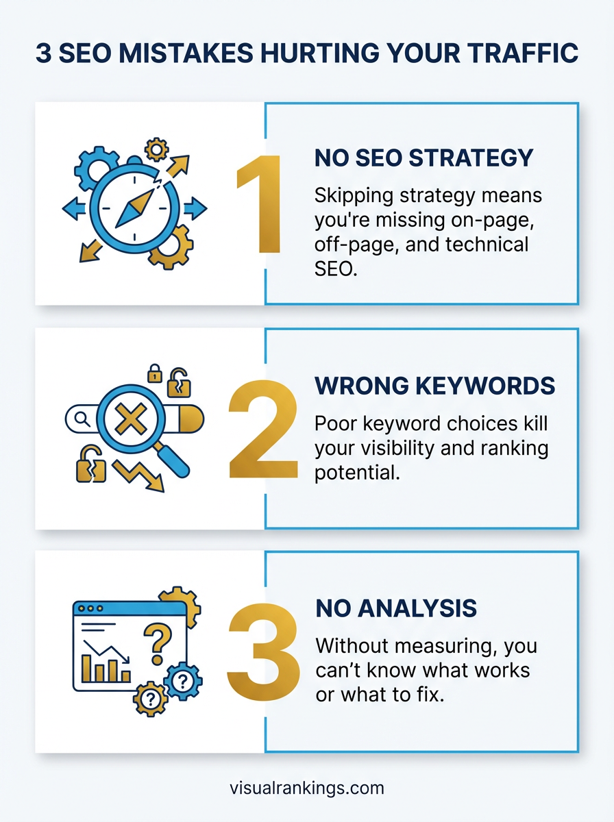Infographic: 3 SEO Mistakes Hurting Your Traffic — no SEO strategy, wrong keywords, and no analysis