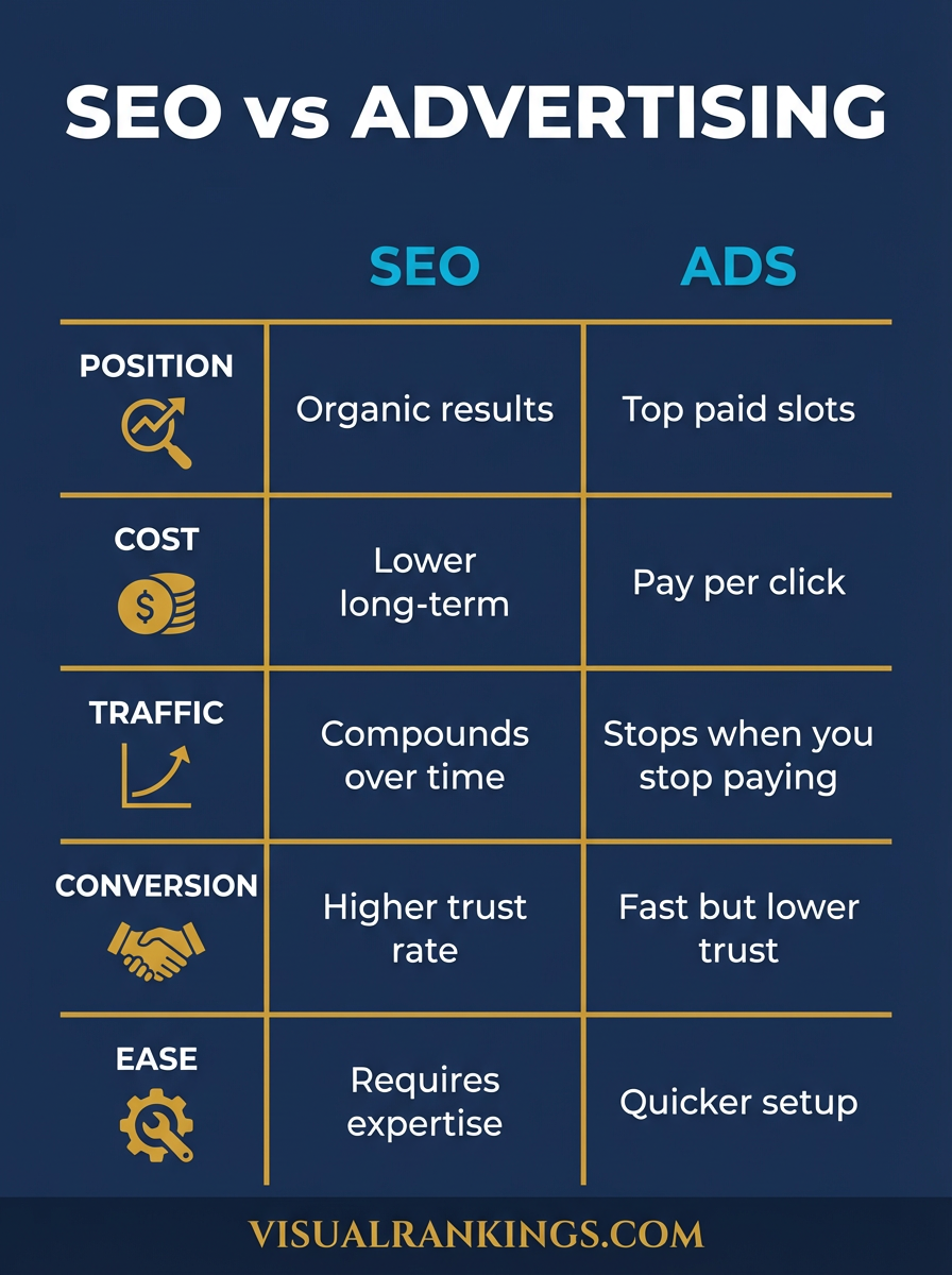 Infographic comparing SEO vs advertising across position, cost, traffic potential, conversion rate, and ease of use categories