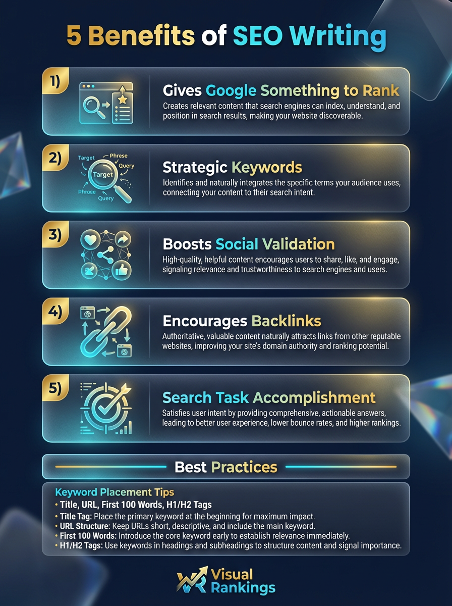 Infographic: The Complete Guide to SEO Writing — key SEO terms, 5 benefits of SEO copywriting, and best practices for content optimization