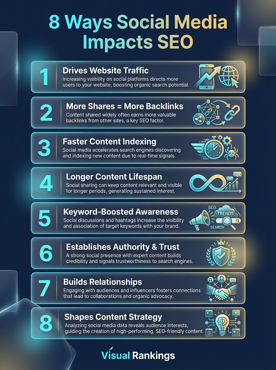 Infographic: 8 Ways Social Media Impacts SEO — drives traffic, backlinks, faster indexing, content lifespan, keyword awareness, authority, relationships, and content strategy