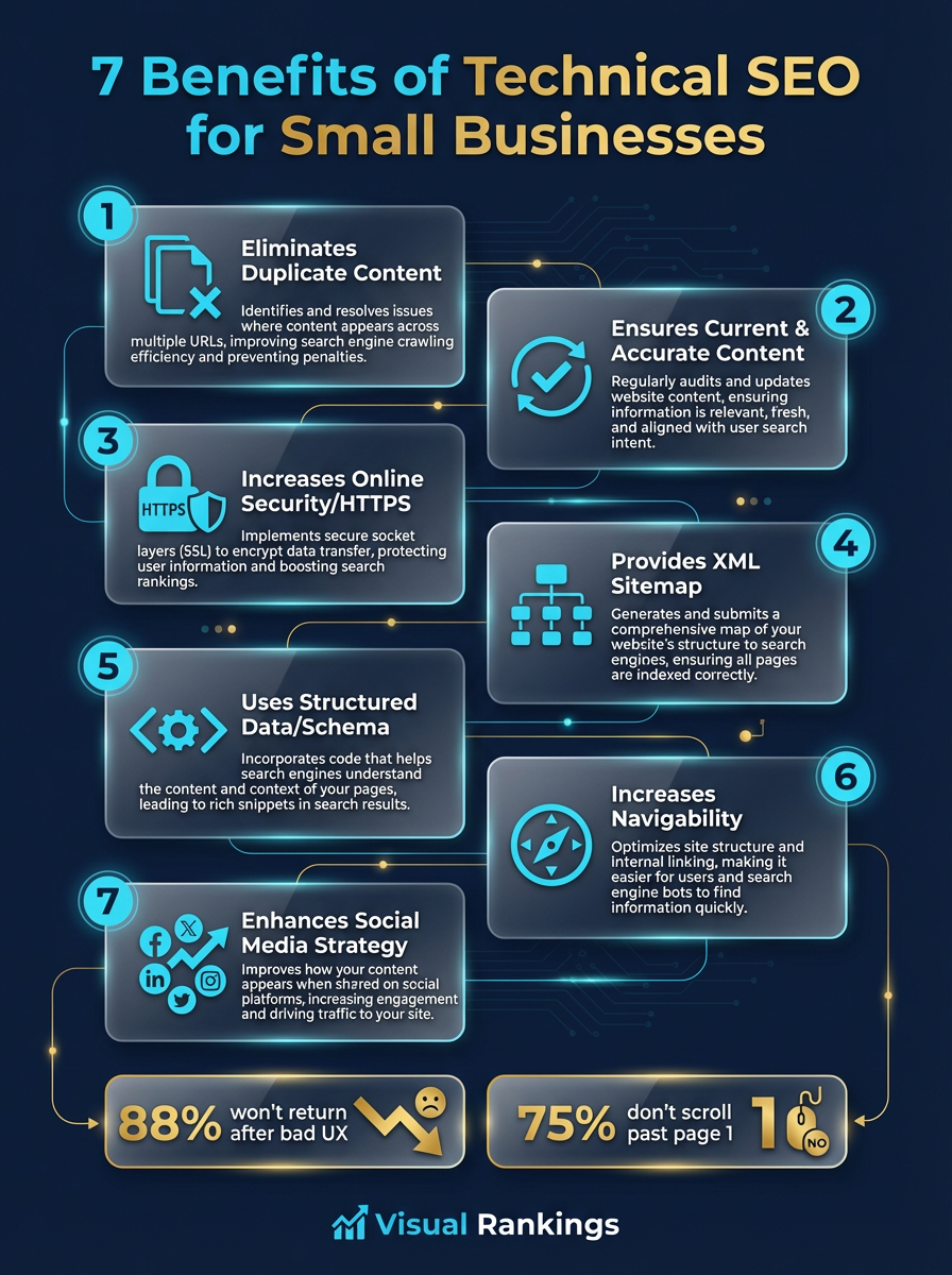 Infographic: 7 Benefits of Technical SEO for Small Businesses — eliminate duplicate content, ensure accuracy, increase security, XML sitemaps, structured data, navigability, and social media strategy