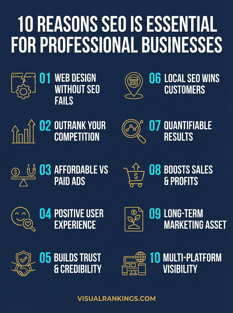 Infographic listing top 10 reasons SEO matters for professional businesses including visibility, credibility, local SEO, and long-term results