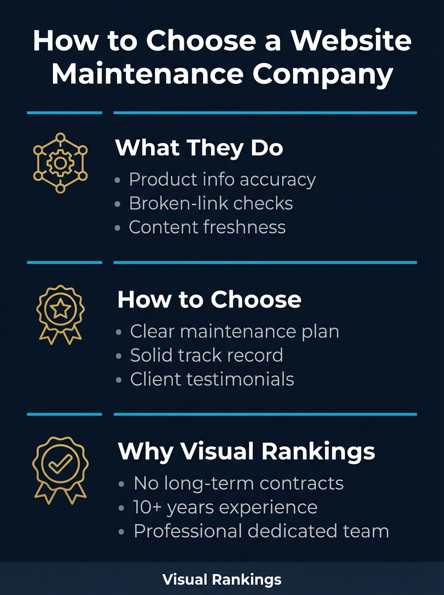 Infographic showing key factors to consider when choosing a website maintenance company: experience, services, pricing, communication, and reviews