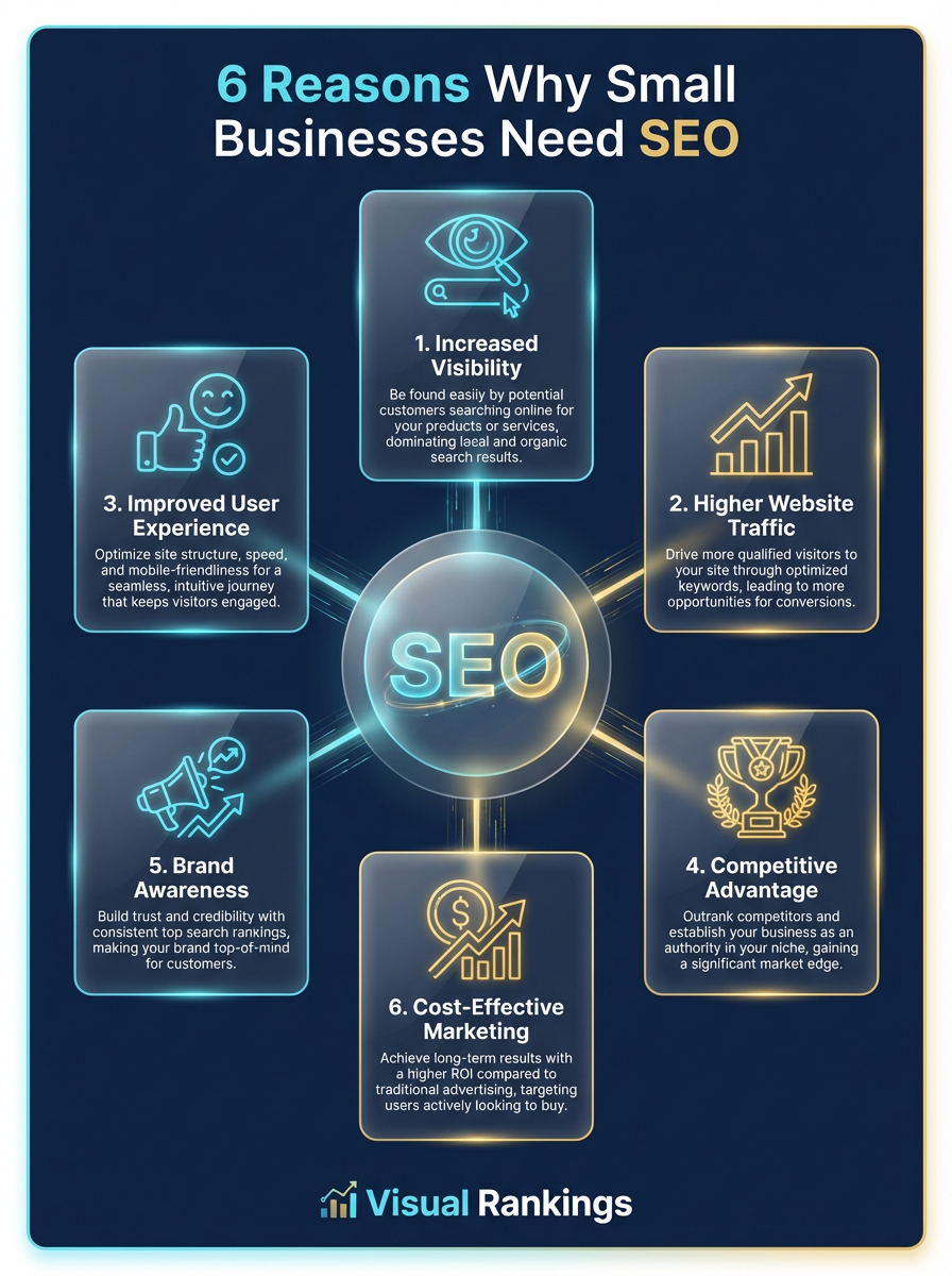 Infographic: 6 Reasons Why Small Businesses Need SEO — increased visibility, higher traffic, improved UX, competitive advantage, brand awareness, and cost-effective marketing