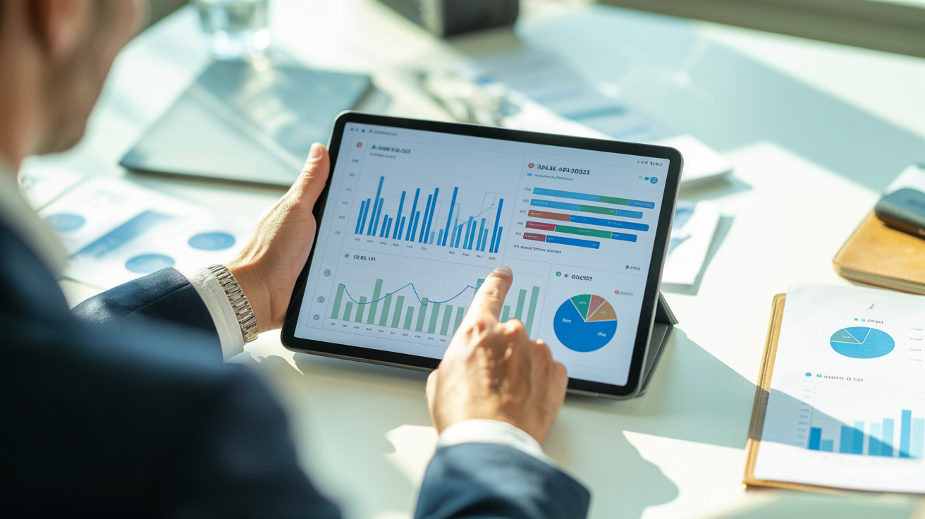 Marketing analyst reviewing KPI dashboard with performance metrics and charts on laptop