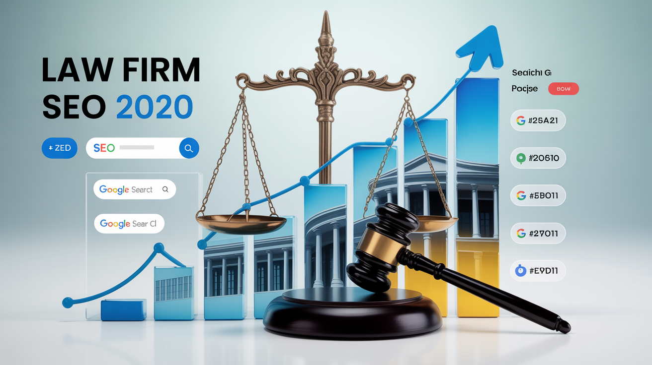 Law firm SEO marketing with scales of justice, gavel, and search ranking charts