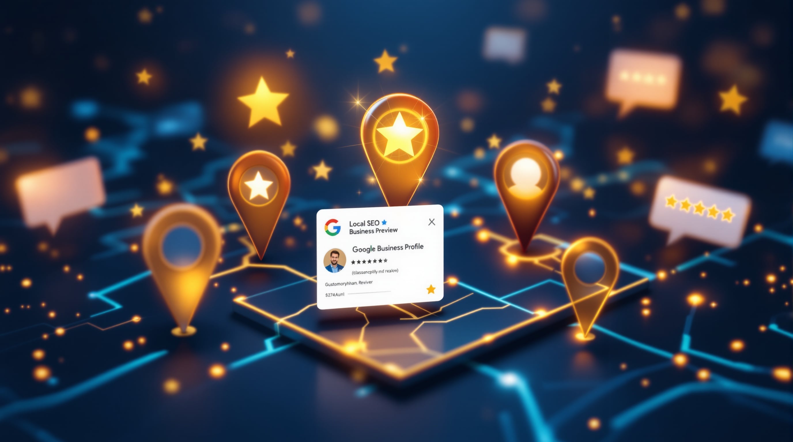 Local SEO and business reviews showing map pins star ratings and Google Business Profile