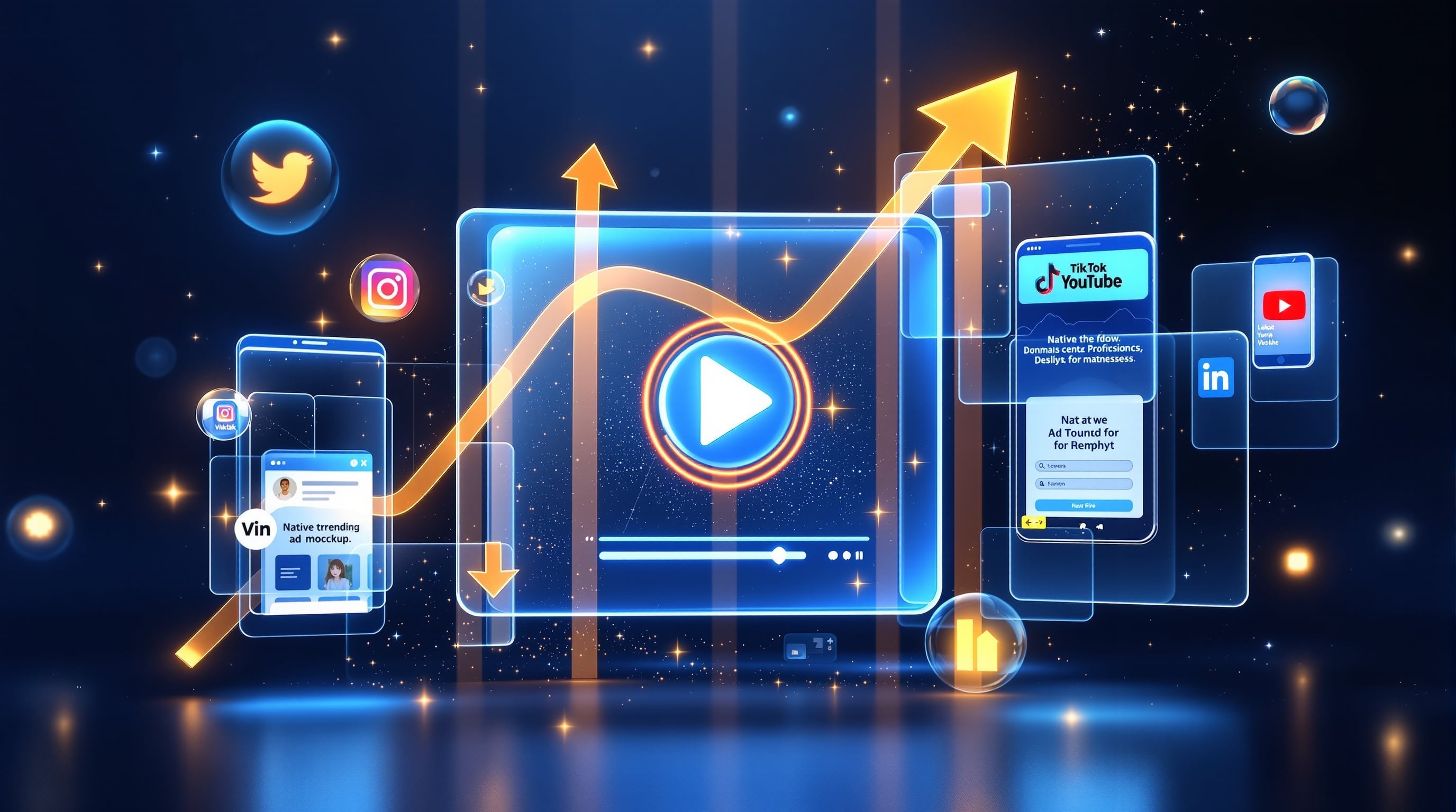 Marketing trends comparison showing video marketing, social media icons, and native ads with upward arrows