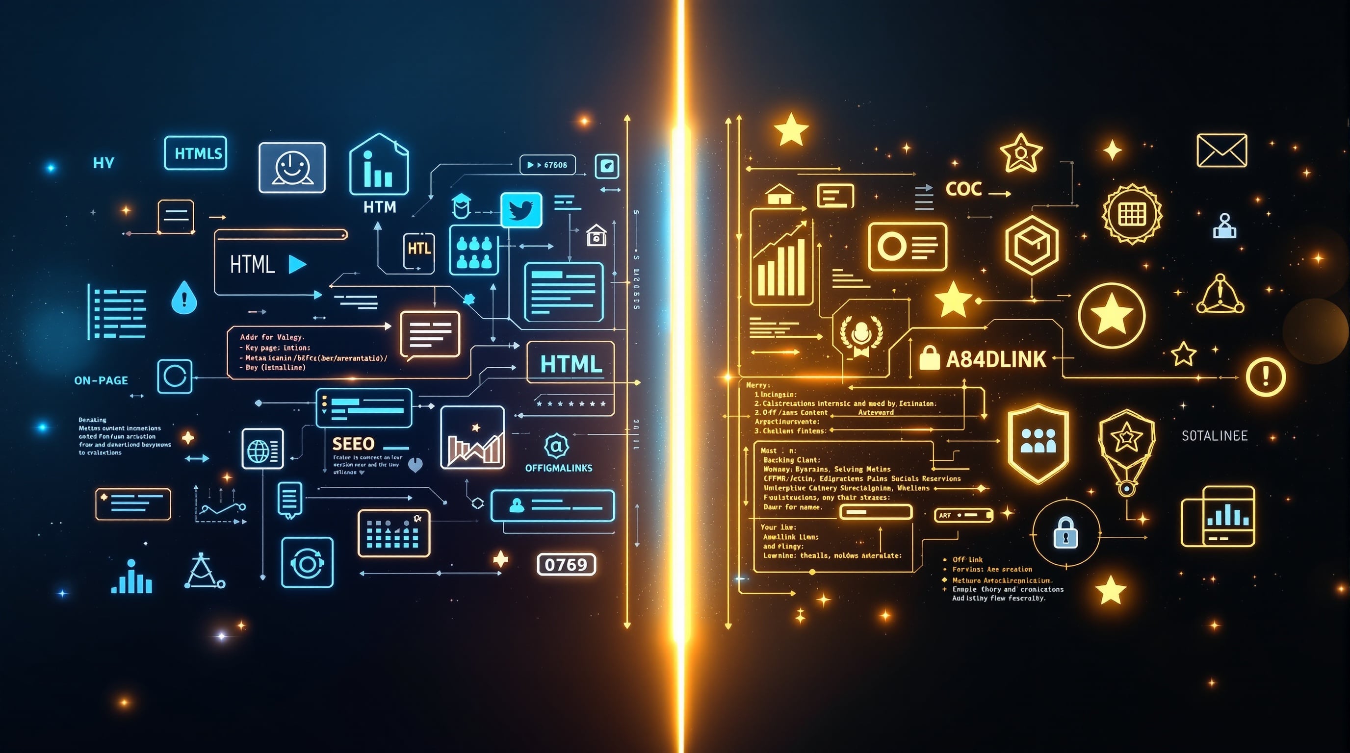 On-page vs off-page SEO comparison showing internal optimization and external link building strategies