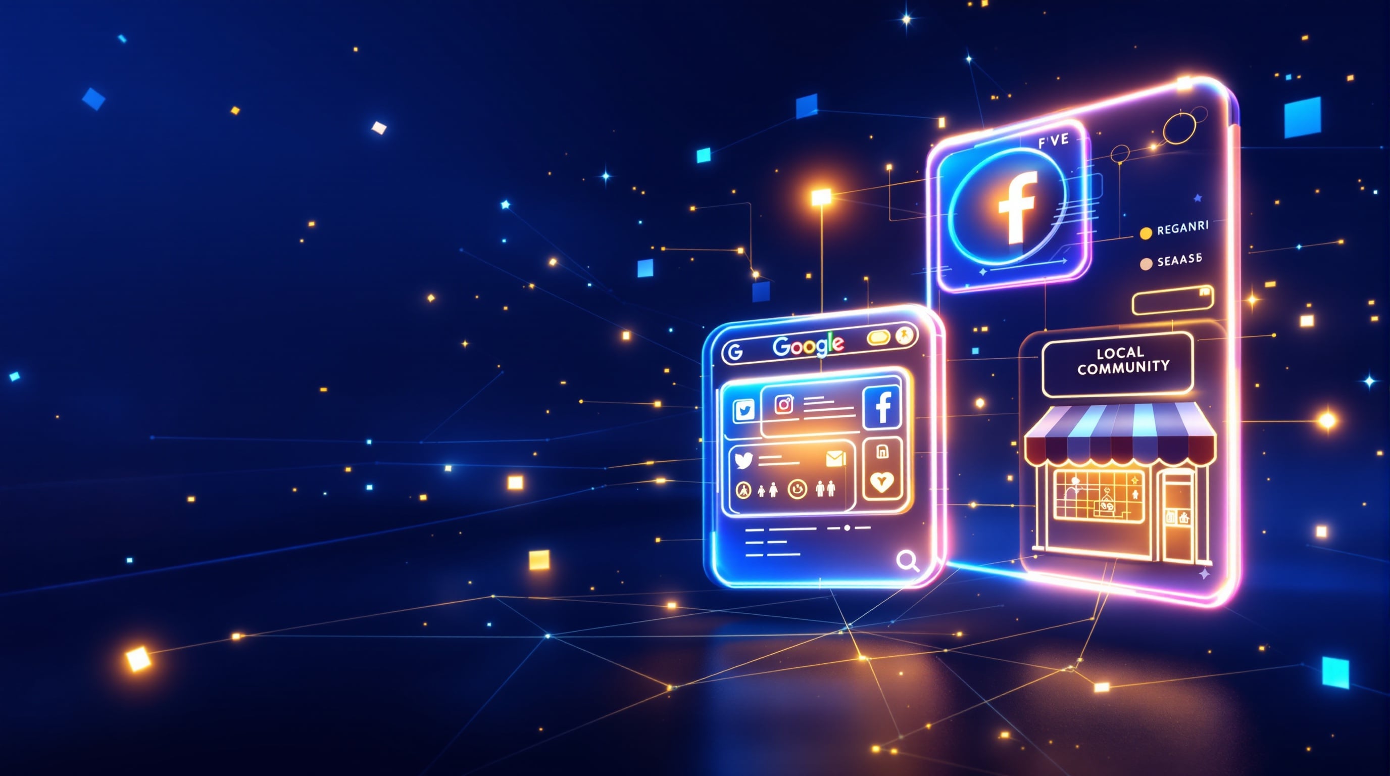 Three connected digital marketing channels showing Google search, social media, and local community promotion