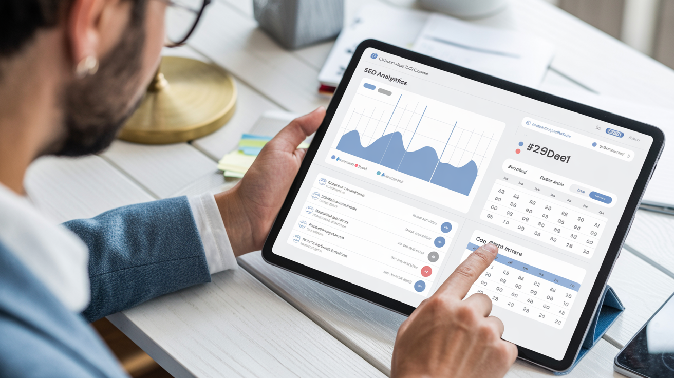 Content writer at modern office desk working on SEO analytics and keyword planning tools