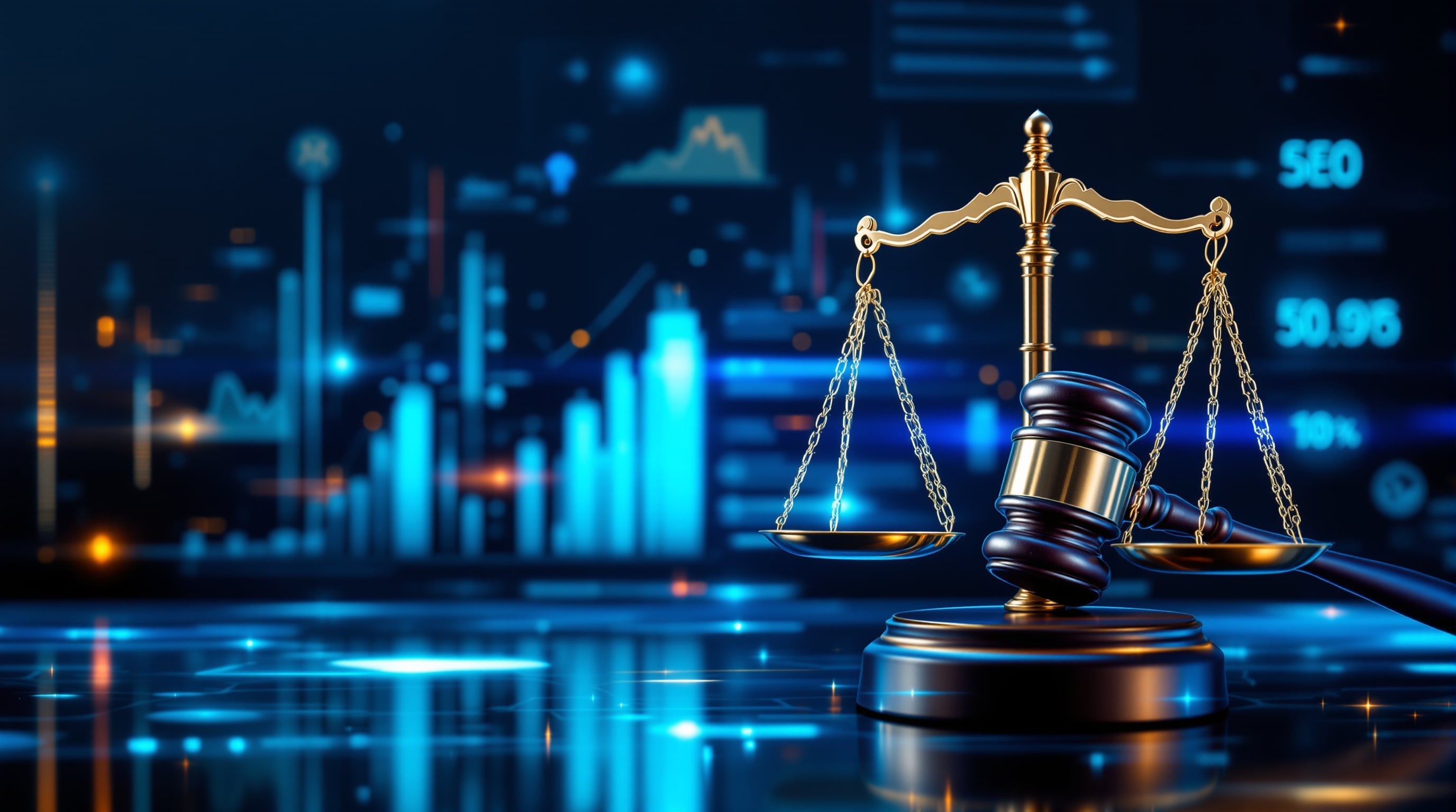 SEO for family law attorneys showing scales of justice blended with digital search analytics
