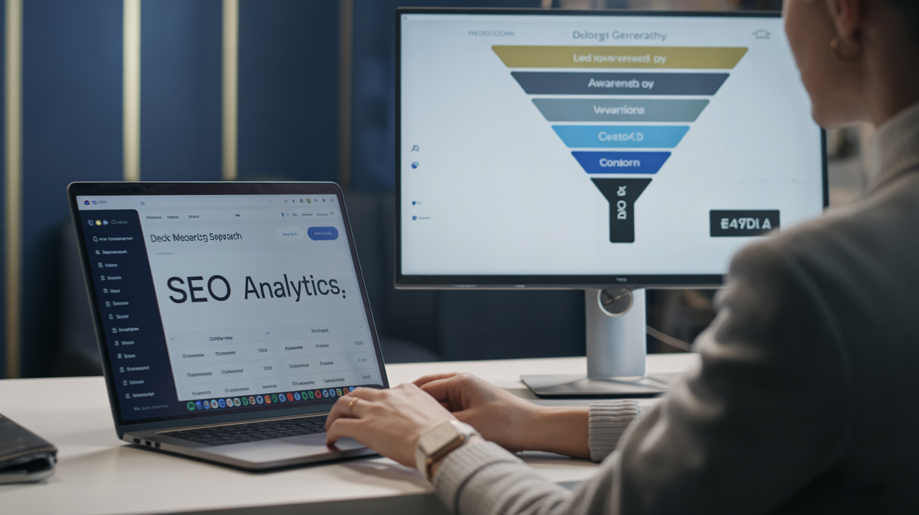 SEO specialist optimizing website strategy with lead generation analytics dashboard