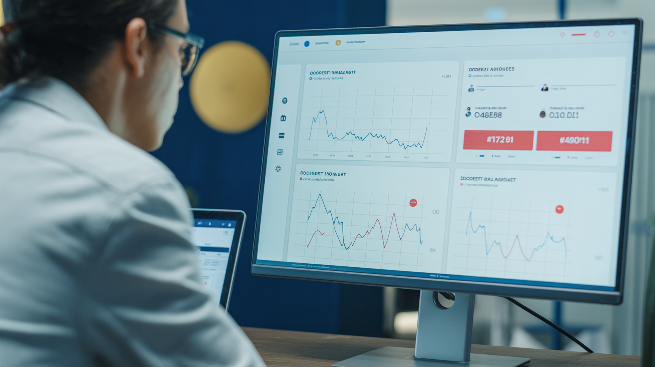 Business analyst studying declining website traffic graphs on analytics dashboard