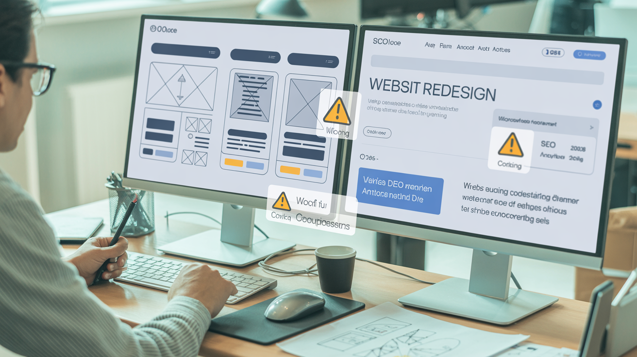 SEO pitfalls of website redesign with warning signs, broken links, and search ranking drops
