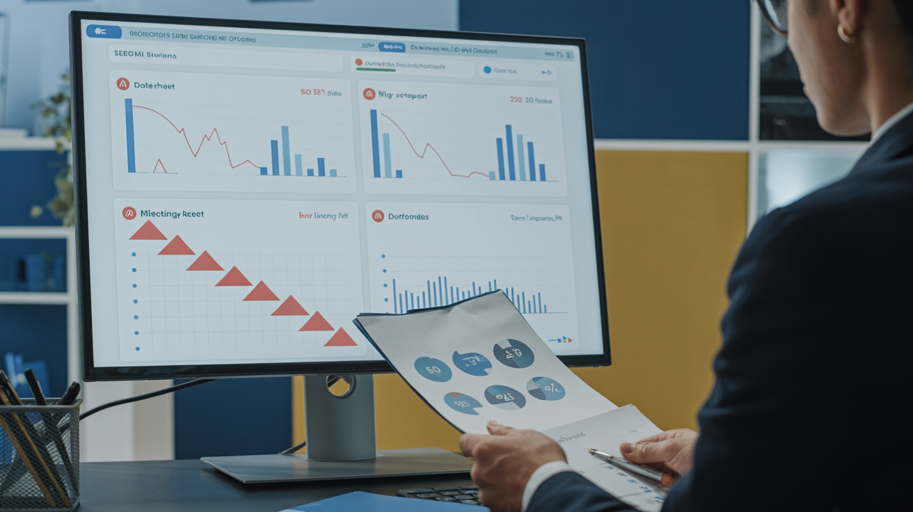 Marketing strategist reviewing SEO strategy documents with warning markers on analytics dashboard